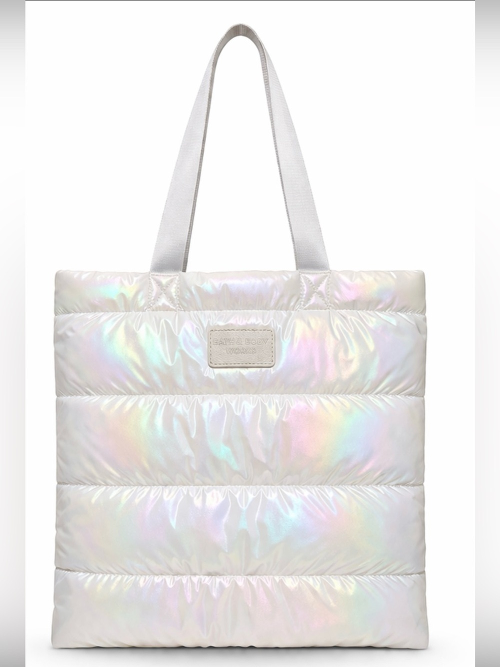 Bath & Body Works Iridescent Puffer Tote Bag White Rainbow Quilted Large